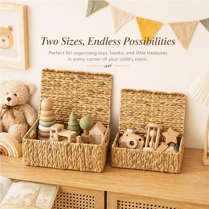 LUSYDECO Set of 3 Scalloped Edge Wicker Basket with Lid, Rectangle Wicker Storage Basket with Built-in Handles, Multipurpose Organizer Rattan Display Boxes for Shelf, Nursery Room