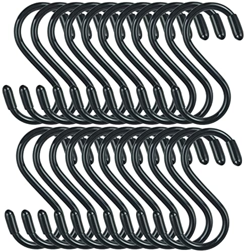 DINGEE 30 Pack Vinyl Coated Heavy Duty S Hooks for Hanging Plants, Clothes, Non Slip Steel Metal Black Rubber Coated Closet S Hooks for Hanging Jeans, Jewelry, Pot, Pan