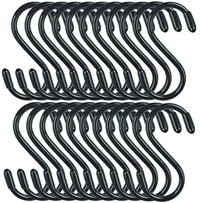 DINGEE 30 Pack Vinyl Coated Heavy Duty S Hooks for Hanging Plants, Clothes, Non Slip Steel Metal Black Rubber Coated Closet S Hooks for Hanging Jeans, Jewelry, Pot, Pan