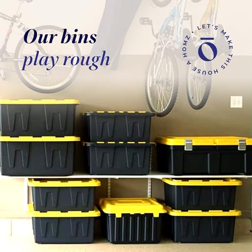 HOMZ Durabilt Plastic Storage Bins with Lids, 27 Gal, Black/Yellow, 2 Pack | Heavy-Duty Large Stackable Container Boxes for Home, Attic, and Garage Organization