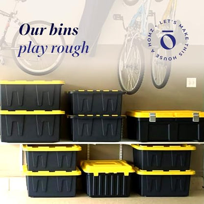 HOMZ Durabilt Plastic Storage Bins with Lids, 27 Gal, Black/Yellow, 2 Pack | Heavy-Duty Large Stackable Container Boxes for Home, Attic, and Garage Organization