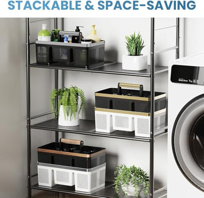 Plastic Shower Caddy Dorm: Portable Cleaning & Shower Caddy with Handle, 4 Divided Compartments, All-Side Drainage, Rigid Plastic Basket Tote for College Dorm & Bathroom Use, Black/Silver