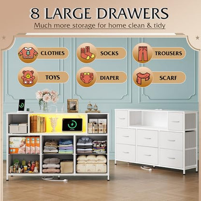 WLIVE LED Dresser TV Stand for 55 Inch TV, 8 Drawers, White | Fits TVs up to 55 inch, 8 fabric drawers, LED chest of drawers, Built-in power outlet, Living room or bedroom