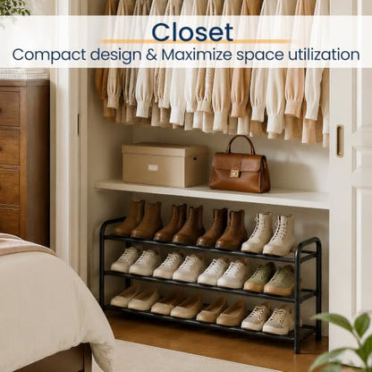 ENJOYBASICS 3 Tier Expandable Shoe Rack, Metal Small Shoes Shelf, Black | Free Standing Shoe Holder for 12 Pairs, Sturdy Shoe Organizer for Closet, Entryway, Under Bed ,Front Door, Bedroom