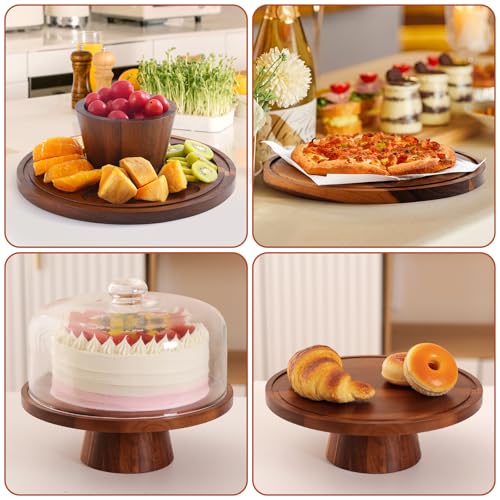 Acacia Wood Cake Stand with Glass Lid–12" Magnetic Base for Parties&Kitchen
