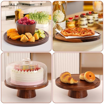 Acacia Wood Cake Stand with Glass Lid–12" Magnetic Base for Parties&Kitchen