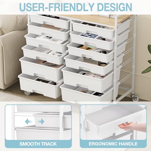 TOOLF 12 Drawers Rolling Storage Cart with Wooden Top for Classroom,White | Teacher Cart Craft Art Supply Organizer, Utility Cart with Lockable Wheels for Home Household Essentials, Office Organization