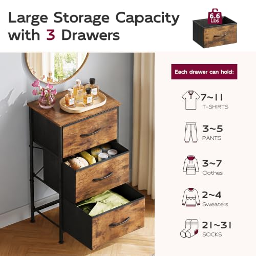 WLIVE Small Dresser Nightstand for Bedroom, 3 Drawers, Rustic Brown | 3 roomy fabric drawers, Compact nightstand, Bedroom or closet use, Chest of drawers, Dresser for small spaces