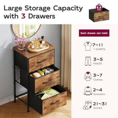 WLIVE Small Dresser Nightstand for Bedroom, 3 Drawers, Rustic Brown | 3 roomy fabric drawers, Compact nightstand, Bedroom or closet use, Chest of drawers, Dresser for small spaces