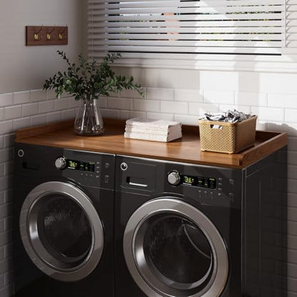 Fivesun Washer Dryer Countertop, 27.5" x 54“ Wood Washer and Dryer Countertop with Edge Rails for Laundry Room Organization and Storage, Dark Walnut