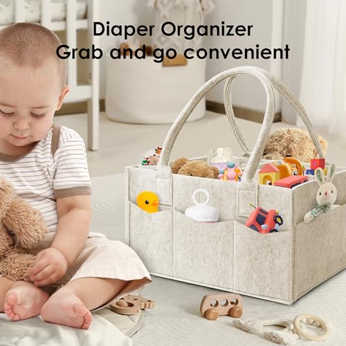HIPHOP PANDA 2-Pack Diaper Caddy Organizer - Newborn Essentials Baby Registry Must Haves - Sturdy Nursery Storage Bin & Portable Car Caddy for Diapers & Wipes - Grey/Oatmeal Gift Set
