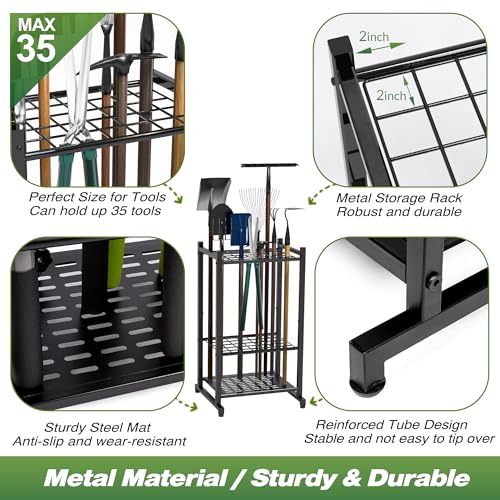 Tool Organizer for Garden, Garage Tool Organizer & Garage Organization – Heavy Duty Steel Garden Tool Organizer Stand Holds 35 Tools/Rakes/Brooms, Tool Storage Rack for Shed/Outdoor, Garage Organizer