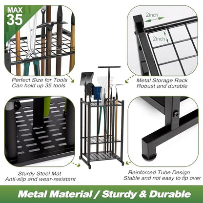 Tool Organizer for Garden, Garage Tool Organizer & Garage Organization – Heavy Duty Steel Garden Tool Organizer Stand Holds 35 Tools/Rakes/Brooms, Tool Storage Rack for Shed/Outdoor, Garage Organizer