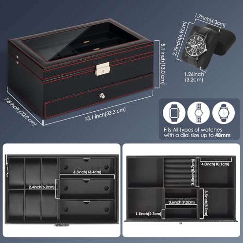 Jewelry Box for Men, 6 Slot Watch Box Jewelry Organizer With Drawer, Watch Case for Men with Large Window, 2-Layer Watch Holder, Sunglasses Storage Organizer, Velvet Lining, Fathers Day Gift