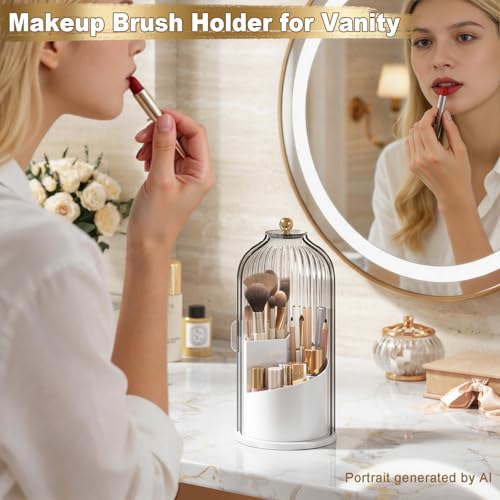 Covered Makeup Brush Holder with Sliding Lid, 360° Rotating Makeup Organizer Countertop for Vanity, Bathroom, Make up/Nail Brushes Storage, Dustproof Toothbrush Holders with Cover for Bathrooms, White