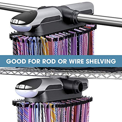 Motorized Tie Rack Closet Organizer with LED Lights Includes J Hooks for Wired Shelving Stores Up to 72 Ties & 8 Belts, Operates with Batteries