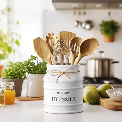 Barnyard Designs Ceramic Kitchen Utensil Holder Countertop 6.75″ (White) | Large Rustic Kitchen Utensil Crock Counter Organizer for Cooking Tools, Spatulas, and Gadgets; Spatula Caddy; Farmhouse Decor