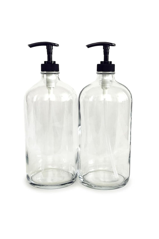 Vivaplex Large 32 oz Clear Glass Bottles with Black Lotion Pumps - 2 pk