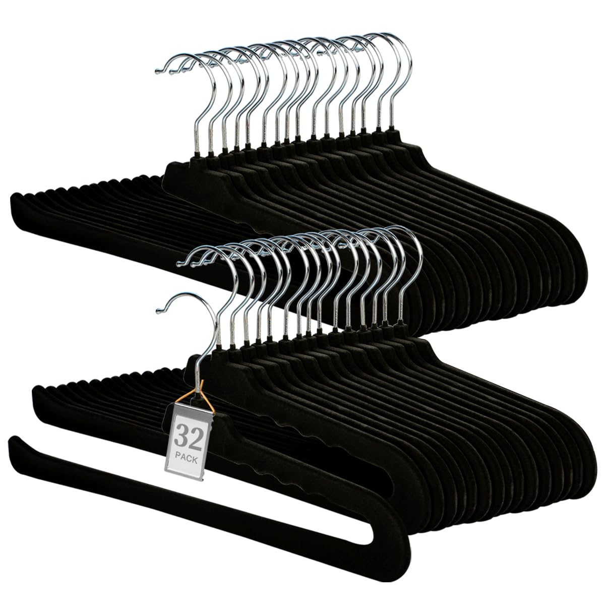 Velvet Pant Hangers Open End,32 Pack Non Slip Black Felt Trouser Hangers | Slim & Sleek Heavy Duty Space Saving Closet Hangers with 360° Swivel Hook,Tank Top for Shorts,Jeans,Suit Pants,Towel