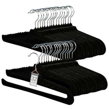 Velvet Pant Hangers Open End,32 Pack Non Slip Black Felt Trouser Hangers | Slim & Sleek Heavy Duty Space Saving Closet Hangers with 360° Swivel Hook,Tank Top for Shorts,Jeans,Suit Pants,Towel