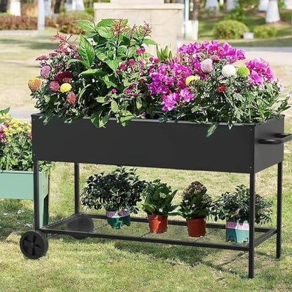 JWPEHOE 51＂Raised Garden Bed with Leg,Mobile Planter Box with Storage Shelf | Elevated Garden Box for Backyard, Balcony, Black, for Outdoor Plants