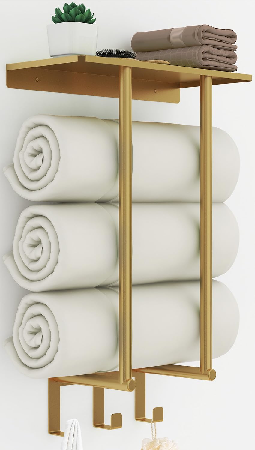 Gold Towel Rack with Shelf, Bethom Bath Towel Storage for Bathroom, Stainless Steel, 3 Hooks Towel Racks for Small Bathroom Wall Mounted