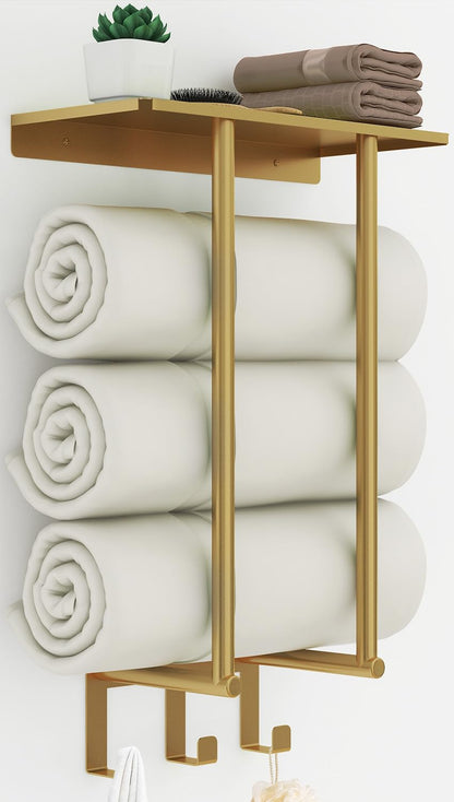 Gold Towel Rack with Shelf, Bethom Bath Towel Storage for Bathroom, Stainless Steel, 3 Hooks Towel Racks for Small Bathroom Wall Mounted
