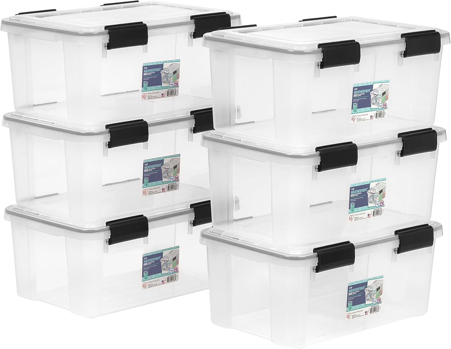 IRIS USA 6-Pack 19 Qt Storage Bins with Gasket Lids, Clear/Black | WeatherPro seal protects shoes, crafts, documents and supplies from dust and moisture