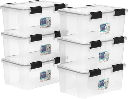 IRIS USA 6-Pack 19 Qt Storage Bins with Gasket Lids, Clear/Black | WeatherPro seal protects shoes, crafts, documents and supplies from dust and moisture