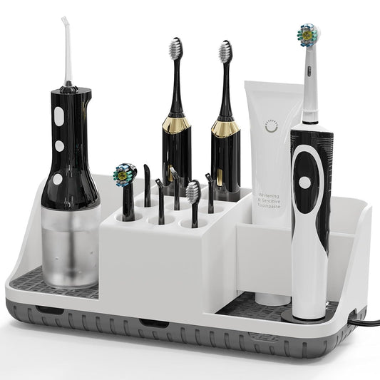 Boperzi Electric Toothbrush Holders with Cord Slots: Detachable Toothbrush and Toothpaste Holders, Large Tooth Brush Storage Caddy Set Drainage, Anti-Slip Bathroom Counter Organizer for Family, Kids