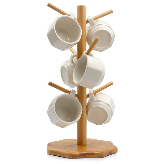 Bamboo Countertop Mug Tree Stand with 6 Hooks, Oct... (Beige | Bamboo)