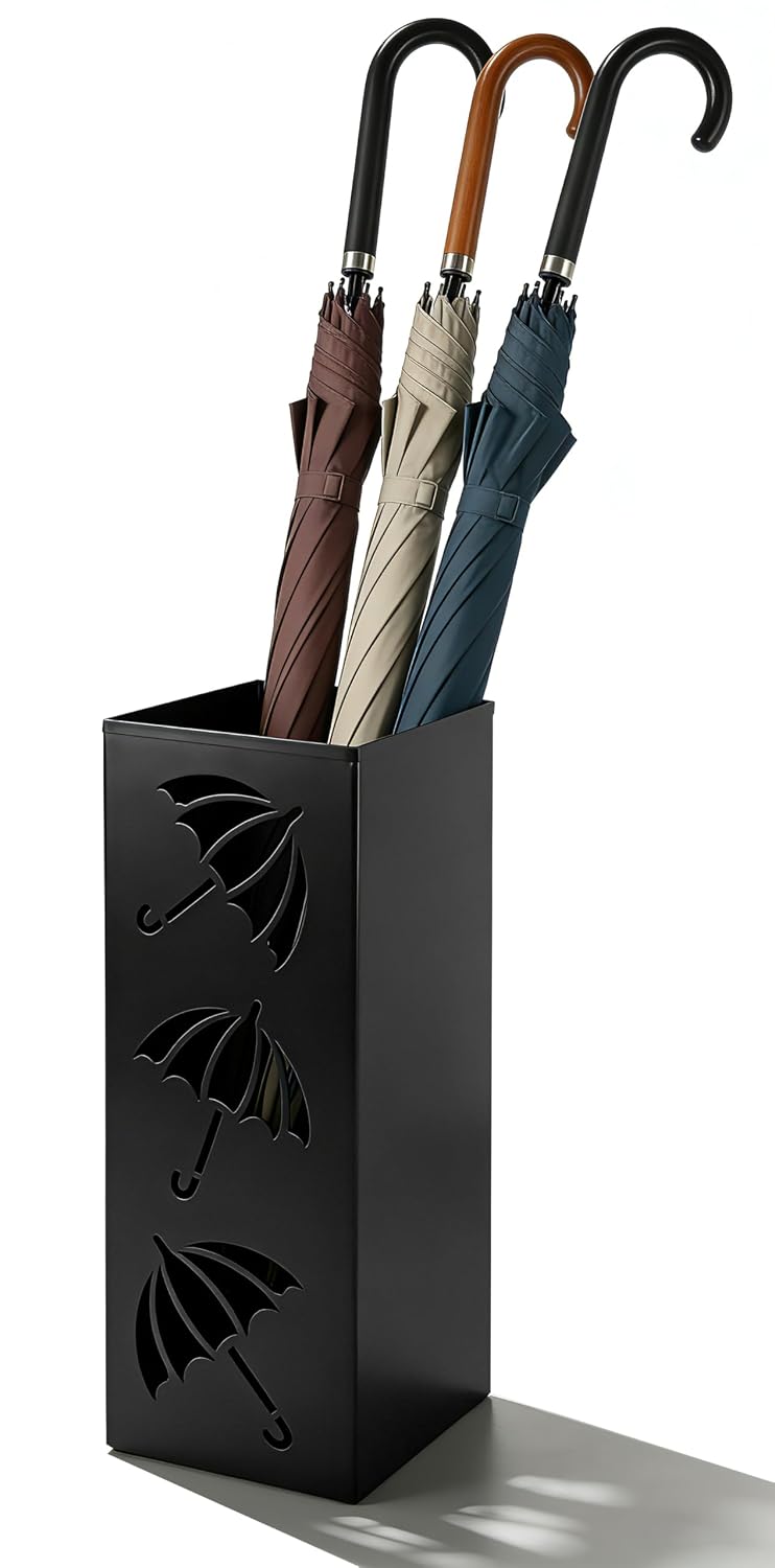Metal Umbrella Holder, Square Freestanding Umbrella Stand Bucket Storage Indoor for Entryway, 6.3 x 6.3 x 16.3 Inch - Black