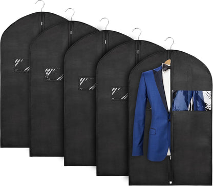 43" Black Garment Bags for Hanging Clothes Storage and Men Travel with Car, Hanging Suit bag Cover with Zipper, Clear Window and Name Tag for Shirt, Jacket, Suit, Coat (5 PACK)