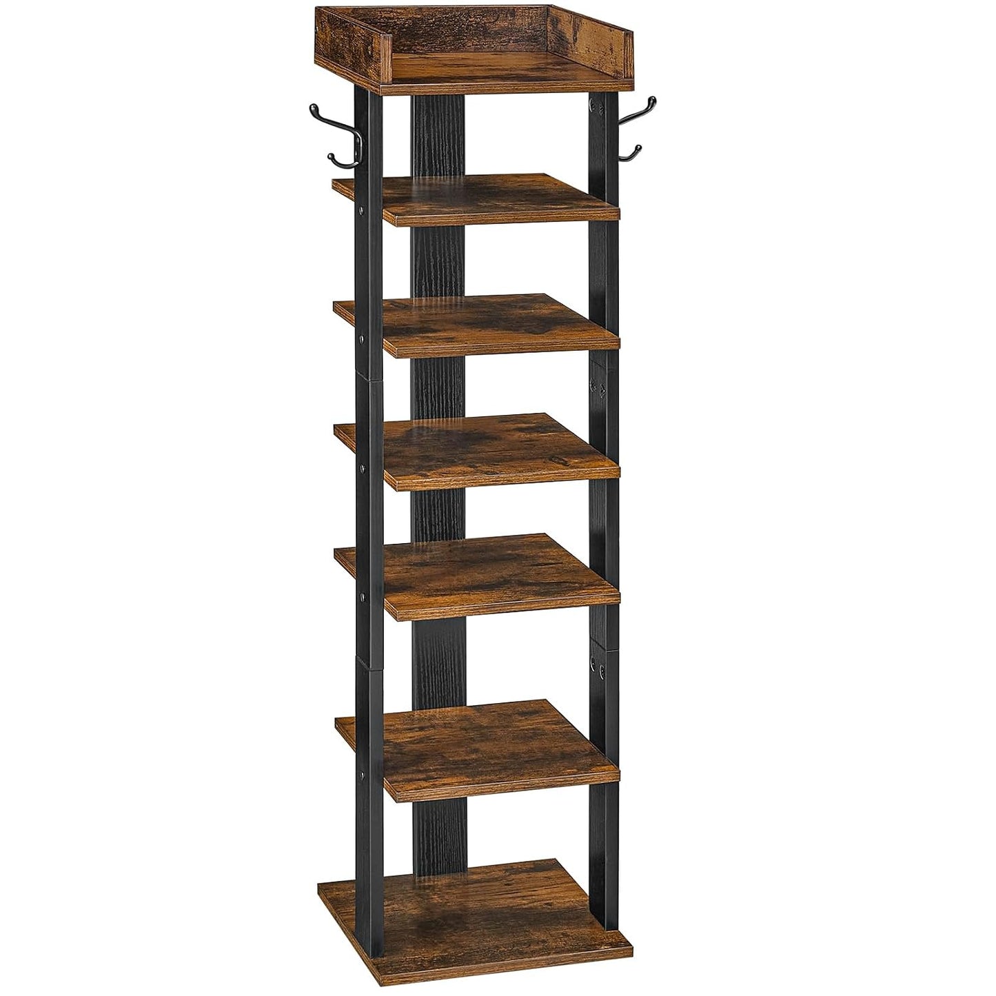 HOOBRO Vertical Shoe Rack for Front Door Entryway, 7 Tier Wooden Shoe Storage Organizer with Hooks, Narrow Shoe Tower for 7 Pairs, Space Saving, for Corner, Closet, Bedroom, Rustic Brown BF61XJ01