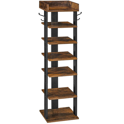 HOOBRO Vertical Shoe Rack for Front Door Entryway, 7 Tier Wooden Shoe Storage Organizer with Hooks, Narrow Shoe Tower for 7 Pairs, Space Saving, for Corner, Closet, Bedroom, Rustic Brown BF61XJ01