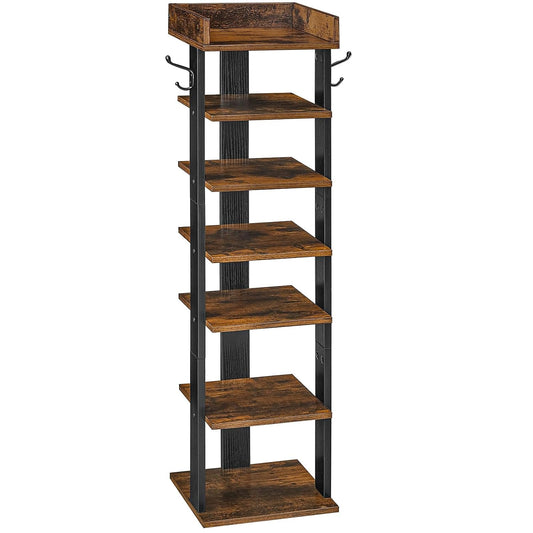 HOOBRO Vertical Shoe Rack for Front Door Entryway, 7 Tier Wooden Shoe Storage Organizer with Hooks, Narrow Shoe Tower for 7 Pairs, Space Saving, for Corner, Closet, Bedroom, Rustic Brown BF61XJ01