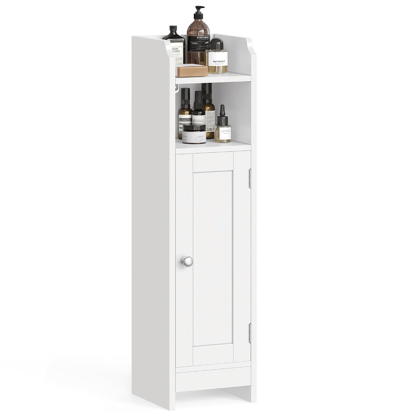 VASAGLE Small Storage Corner Floor Cabinet with Door, 7.9 x 7.1 x 31.5 Inches, Narrow Toilet Paper Storage Holder, Adjustable Shelves, for Bathroom, Living Room, Small Spaces, Cloud White UBBC310W01