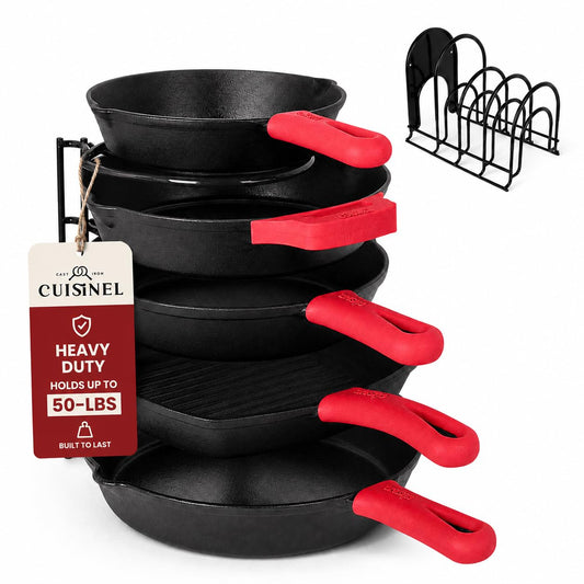 Cuisinel Pan Organizer for Cast Iron Skillets, Griddles, 5-Tier Rack, Black 12.2"