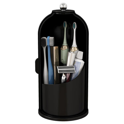 Toothbrush and Toothpaste Holders with Cover, Solid Black | Waterproof and Dustproof, 360° Rotating Base, Smooth Sliding Door, 3 Slots, for Bathroom Countertop