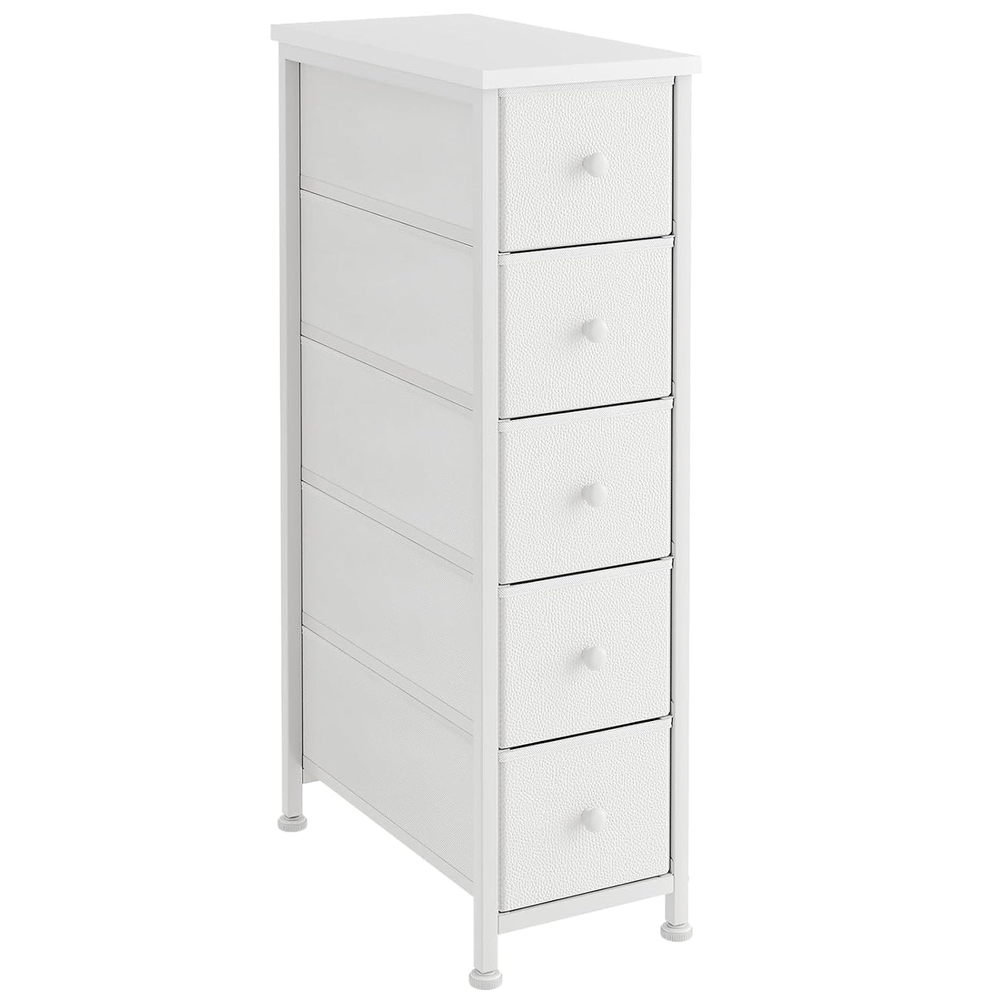Narrow Dresser, 19" Wide Narrow Nightstand Dresser Storage Tower with 5 Drawers, Slim Fabric Dressers Chest of Drawers for Small Spaces, Wood Top & Fabric Bins for Bedroom Bathroom Closet (White)
