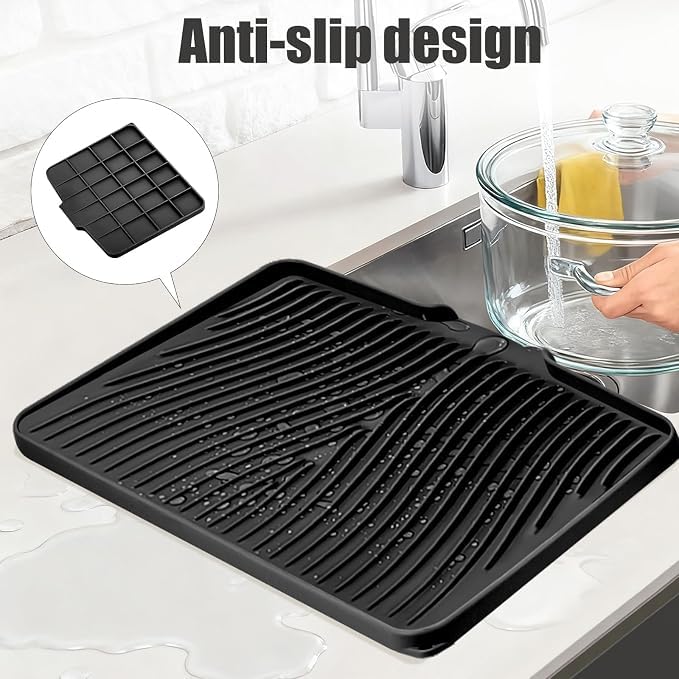Silicone Dish Drying Mat for Kitchen Counter, Black-1pc, 16" x 12" | Heat Resistant & Non-Slip Dish Drain Pad with Built-In Drain, Dishwasher Safe, Quick-Dry, Hangable & Roll-Up for Storage