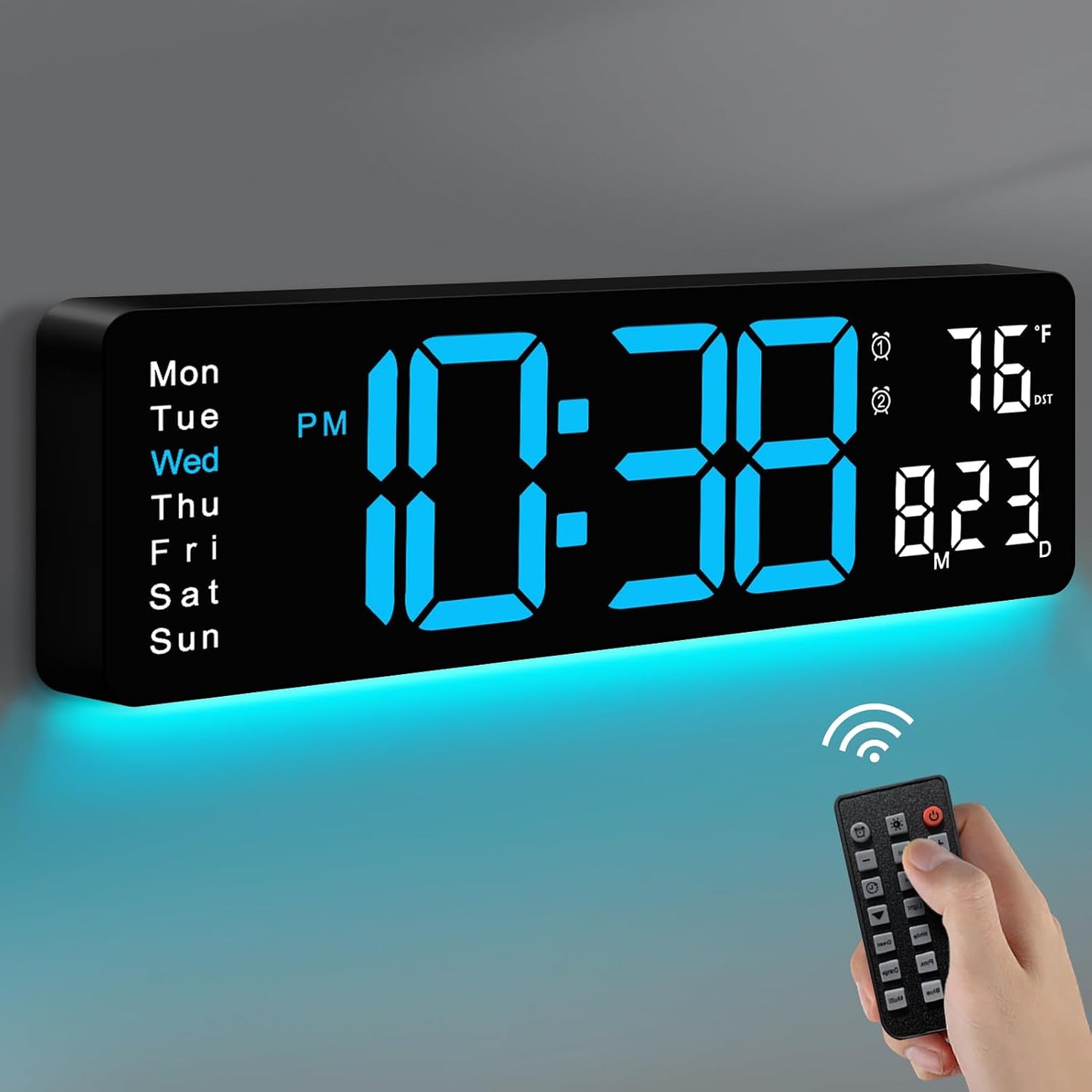 MASHI Digital Wall Clock, 16" Large Display Digital Clock with Remote Control, Auto-Dimming Wall Clock with Night Light, DST, Date Week,Temp for Living Room, Bedroom, Decor, for Elderly