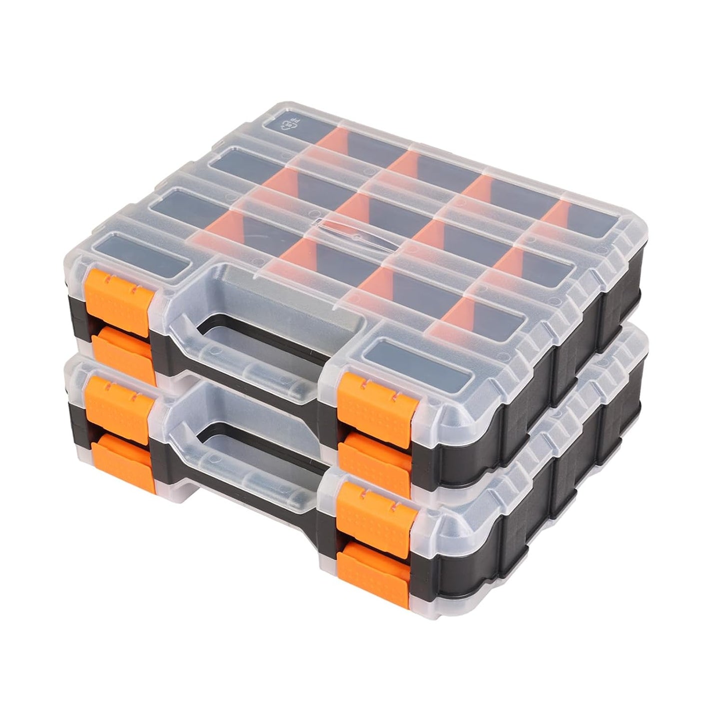 Jack Boss Tool Box with Transparent Lid, Double Side 34-Compartments Organizer Box with Removable Dividers for Hardware, Screws, Bolts, Nails, Beads, Jewelry and Fishing Accessories, Orange, 2 Pack