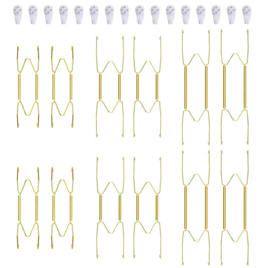 12 Piece Plate Hangers, 6/8/10 Inch Invisible Brass Wall Plate Hangers, Comes with 16 Piece Wall Hooks for Decorative Plates