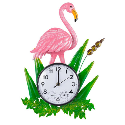 Outdoor Clock with Thermometer & Humidity | Silent None-Ticking, Outdoor Wall Clock Waterproof, Outside Clock for Patio, Living Room, Kitchen, Pink Flamingo