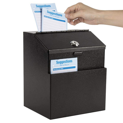 KYODOLED Suggestion Box with Slot and Lock, 50 Suggestion Cards, Black | Employee Comment Collection, Wall-Mount or Tabletop Use, Steel Construction, 2 Keys, Card Storage, 8H x 5.7W x 7L Inch