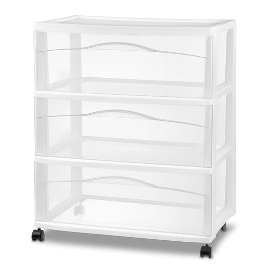 Sterilite Wide 3-Drawer Cart Storage with Wheels for Bedroom and Dresser | Organizing Plastic Drawers and Containers for Home, Office, Desk, Clothes, Dresser, Kitchen, and Pantry