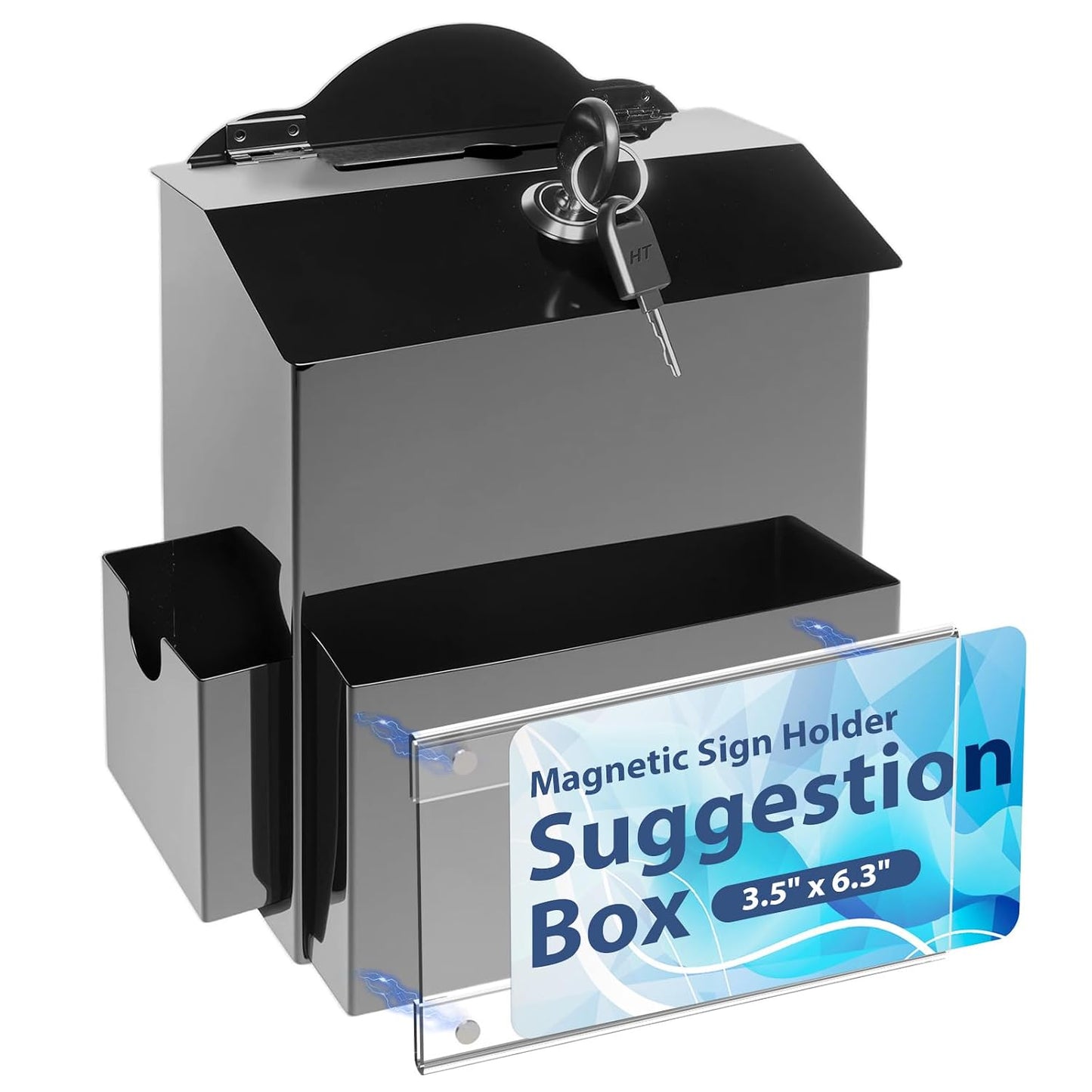 Metal Suggestion Box with Magnetic Sign Holder, Black Donation Box | 2 Extra Side Spaces, Wider 3.9in Slot for Convenient Drop, Secure Lock with 2 Keys, Wall Mounted or Tabletop, Diversified Use