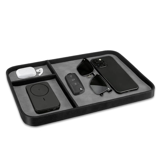 SITHON Valet Tray Trendy Organizer Multifunctional Nightstand Caddy Holder | Premium PU Leather Stylish and Organized Catchall Bedside Vanity Tray for Keys, Watch, Wallet, Jewelry and more, Black