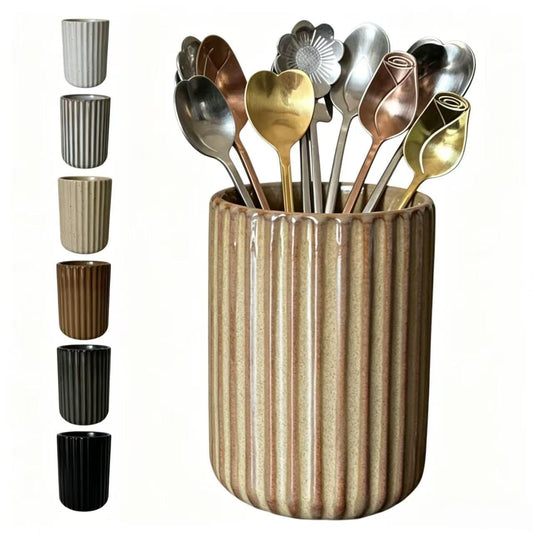 TOPYOKK Stoneware Coffee Bar Utensil Holder Tea & Coffee Spoon & Stirrer Holder for Stir Stick Straw Teaspoon Holder Espresso Spoon Cup Small Utensil Jar Fluted Vertical Stripe (Rustic Brown)